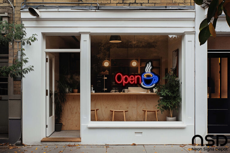 LED neon open sign with coffee cup graphic