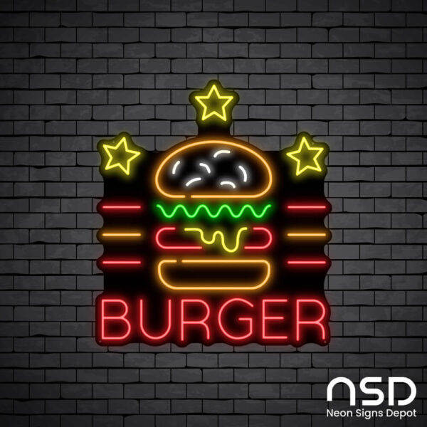 Burger Stars V2 Neon Sign_Black Brick_Mockup_Black Burger Stars V2 Neon Sign_Black Brick_Mockup_Black