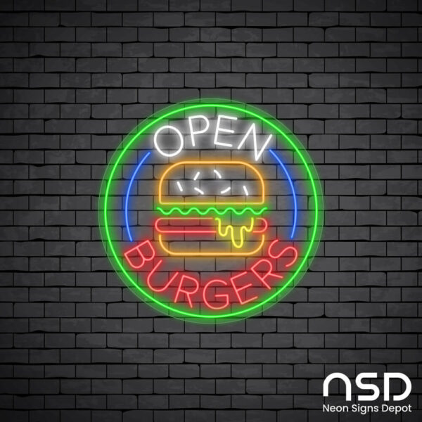 Open Burgers Neon Sign_Black Brick_Mockup_Transparent Open Burgers Neon Sign_Black Brick_Mockup_Transparent