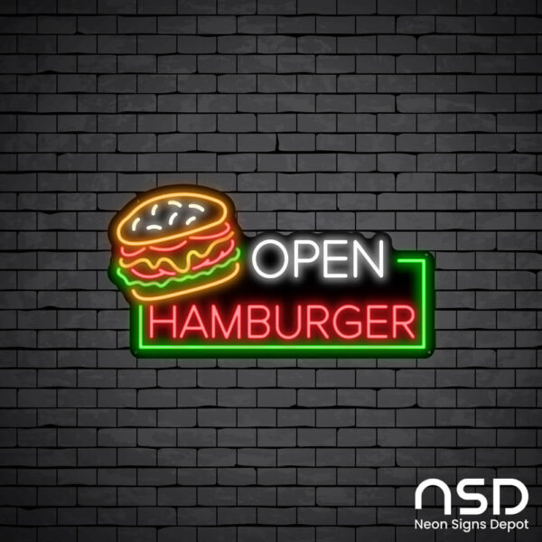 Open Hamburger Neon Sign_Black Brick_Mockup_Black Open Hamburger Neon Sign_Black Brick_Mockup_Black