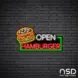 Open Hamburger Neon Sign_Black Brick_Mockup_Black