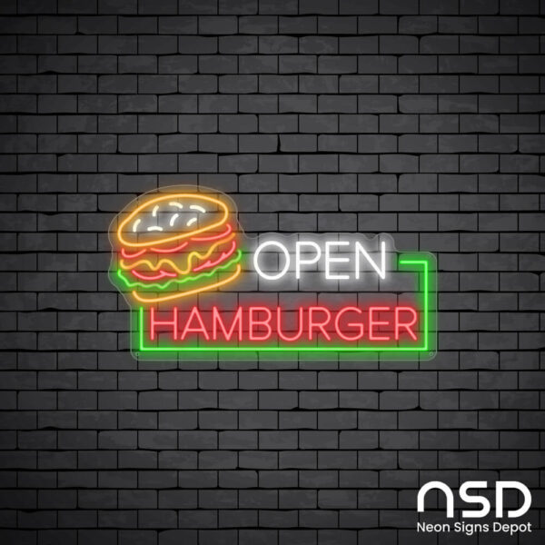 Open Hamburger Neon Sign_Black Brick_Mockup_Transparent Open Hamburger Neon Sign_Black Brick_Mockup_Transparent