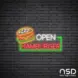 Open Hamburger Neon Sign_Black Brick_Mockup_Transparent