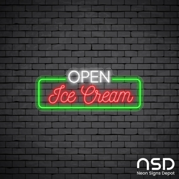 Open Ice cream V1 Neon Sign_Black Brick_Mockup_Transparent Open Ice cream V1 Neon Sign_Black Brick_Mockup_Transparent