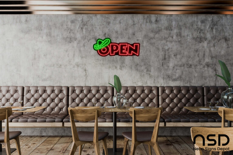 Mexican food LED neon open sign with sombrero graphic