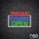 Indian Restaurant Open Neon Sign_Black Brick_Mockup_Transparent