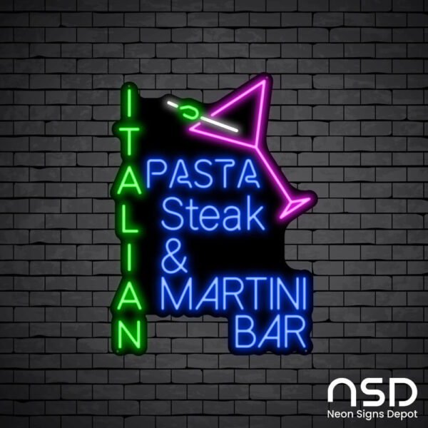 Italian Pasta Steak & Martini Bar Neon Sign_Black Brick_Mockup_Black Italian Pasta Steak & Martini Bar Neon Sign_Black Brick_Mockup_Black