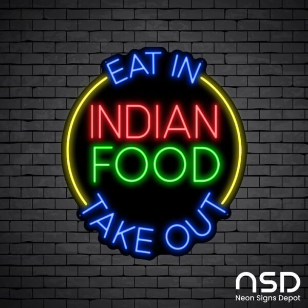 Indian Food Eat In Take Out Neon Sign_Black Brick_Mockup_Black Indian Food Eat In Take Out Neon Sign_Black Brick_Mockup_Black