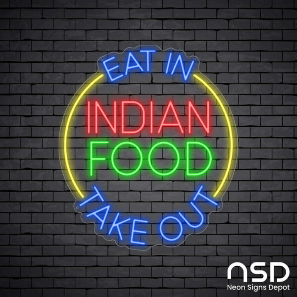 Indian Food Eat In Take Out Neon Sign_Black Brick_Mockup_Transparent Indian Food Eat In Take Out Neon Sign_Black Brick_Mockup_Transparent