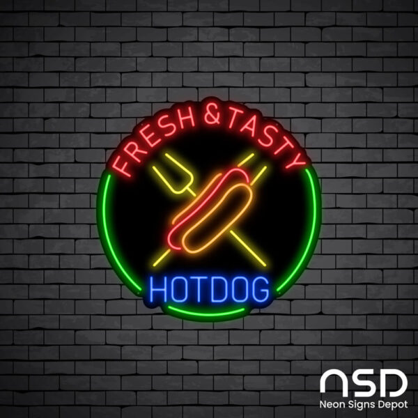 Fresh & Tasty Hotdog Neon Sign_Black Brick_Mockup_Black Fresh & Tasty Hotdog Neon Sign_Black Brick_Mockup_Black