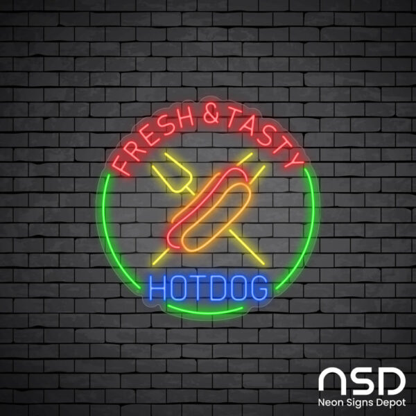 Fresh & Tasty Hotdog Neon Sign_Black Brick_Mockup_Transparent Fresh & Tasty Hotdog Neon Sign_Black Brick_Mockup_Transparent