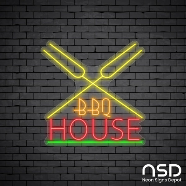 Barbecue House Neon Sign_Black Brick_Mockup_Transparent Barbecue House Neon Sign_Black Brick_Mockup_Transparent