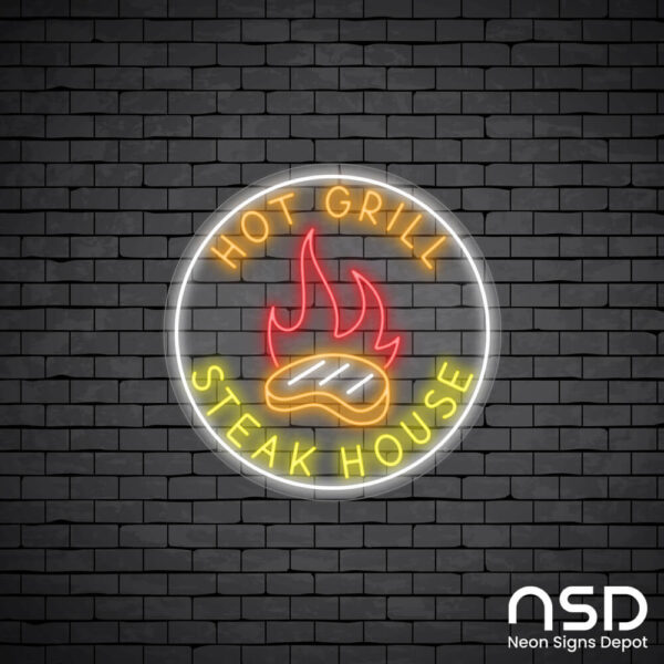 Hot Grill Steak House Neon Sign_Black Brick_Mockup_Transparent Hot Grill Steak House Neon Sign_Black Brick_Mockup_Transparent