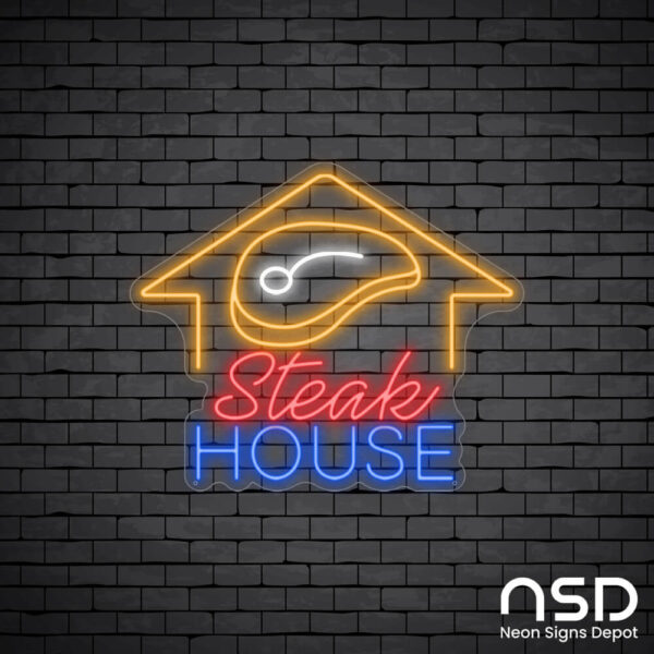 Steak House Neon Sign_Black Brick_Mockup_Transparent Steak House Neon Sign_Black Brick_Mockup_Transparent