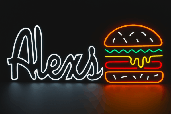 Alex's Burgers custom LED neon sign with hamburger graphic