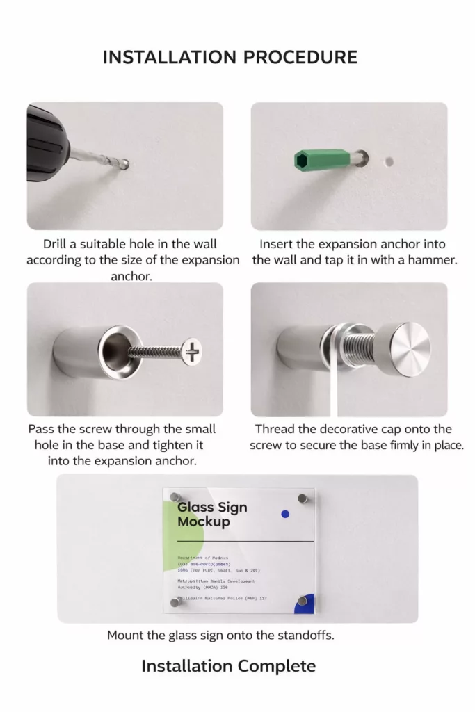 Five-step neon sign standoff installation: drill hole, insert expansion anchor, screw through base, thread decorative cap, mount sign