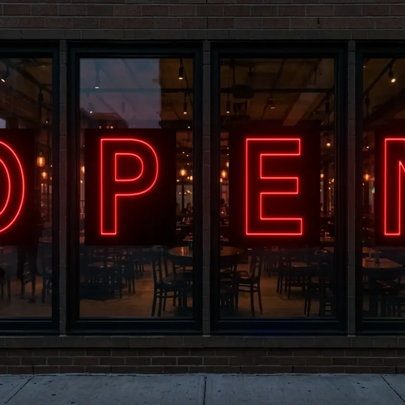 Red LED neon OPEN letters across a restaurant storefront window