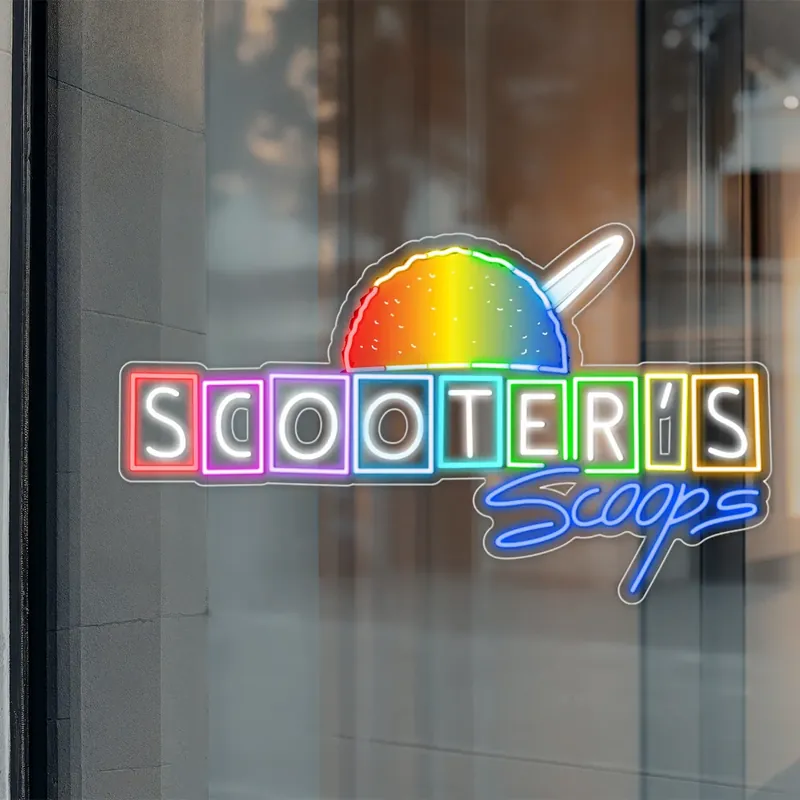 Scooter's Scoops shaved ice shop custom neon sign in rainbow colors